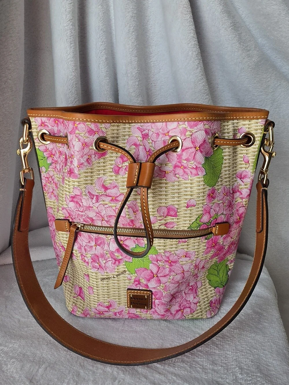 Dooney & Bourke Pink Floral Bucket Shoulder Bag with Tan Trim